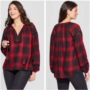 Knox Rose Buffalo Plaid Blouse Women L DarkAcademia Long Sleeve Work Fall Preppy